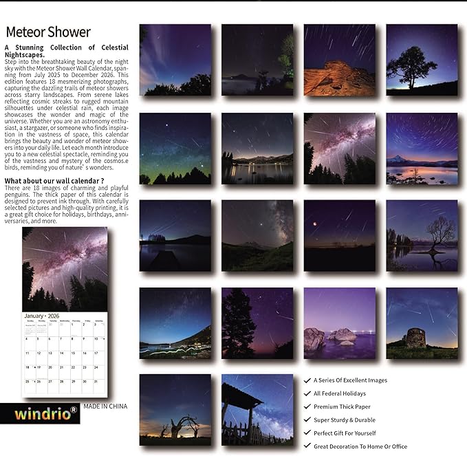 windrio 2026 Wall Calendar, Calendar 2026, July 2025 - December 2026, Wall Calendar Meteor Showe, 12" x 24" Opened,Full Page Months Thick & Sturdy Paper for Calendar Organizing & Planning