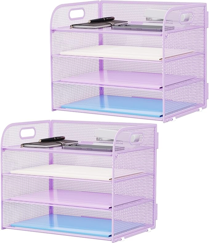 Marbrasse 2 Pack 4 Tier Paper Organizer Letter Tray - Mesh Desk File Organizer with Handle, Paper Sorter Organizer for Letter/A4 Office File Folder Holder (Purple, 12.6" x 9.1" x 10.7")