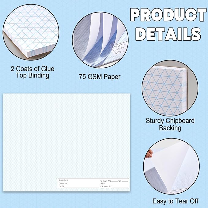 1 Pack 50 Sheets 22" x 17" Isometric Graph Paper Pad Landscape for 3D Designs Architecture Landscaping Engineering Drafting