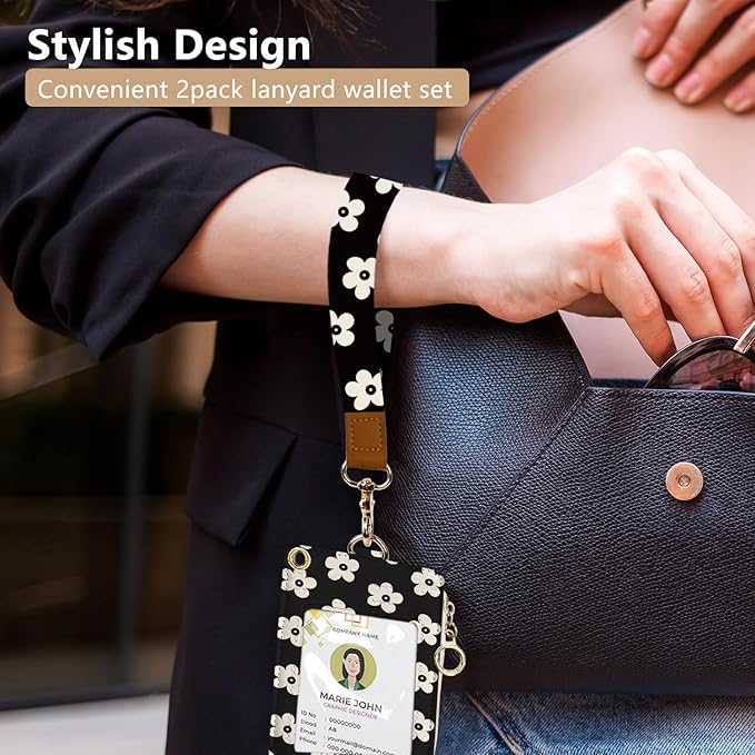 bolimoss Cute Floral Lanyard Wallet and ID Badge Holder with Zipper Pocket Breakaway Phone Wrist Lanyard, RFID Pu Leather Credit Card Holder