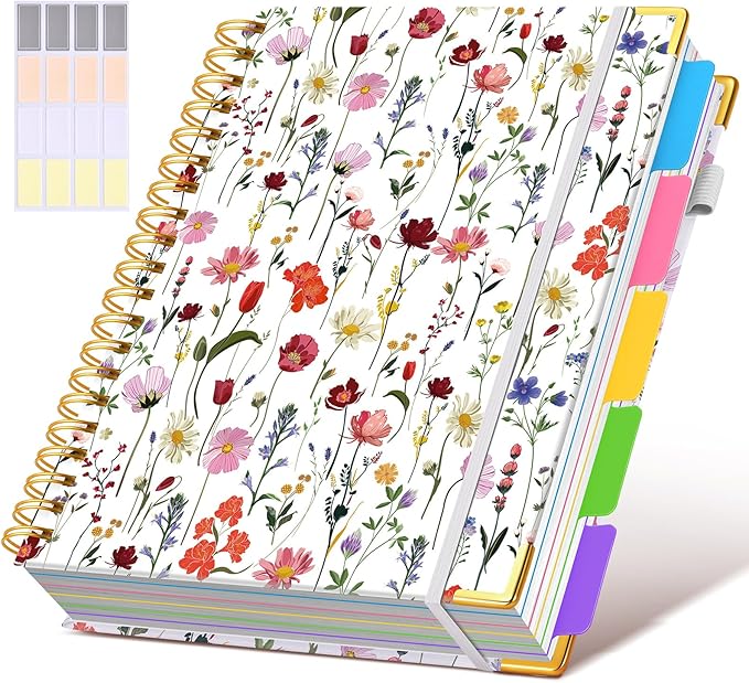 Hardcover Spiral Notebook 8.5"x11" Journal with Removable Dividers Tabs, 300 Pages Leather 5 Subject Notebook College Ruled, Large A4 Notebooks for Work School, Journal for Women, A4 Flower white