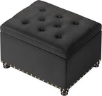 Decent Home 24" Storage Ottoman, Fabric Ottoman Foot Rest Stool with Hinged Lid, Tufted Rectangle Upholstered Footstool, Load Up to 350 lb, for Living Room, Bedroom, Dorm, Black