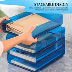CiWiVOKi 4 Pack Stackable Paper Tray Organizer File Organizer for Desk, Office Organizer and Storage for Desk Accessories, Notes, Books, File Paper, Document, Blue
