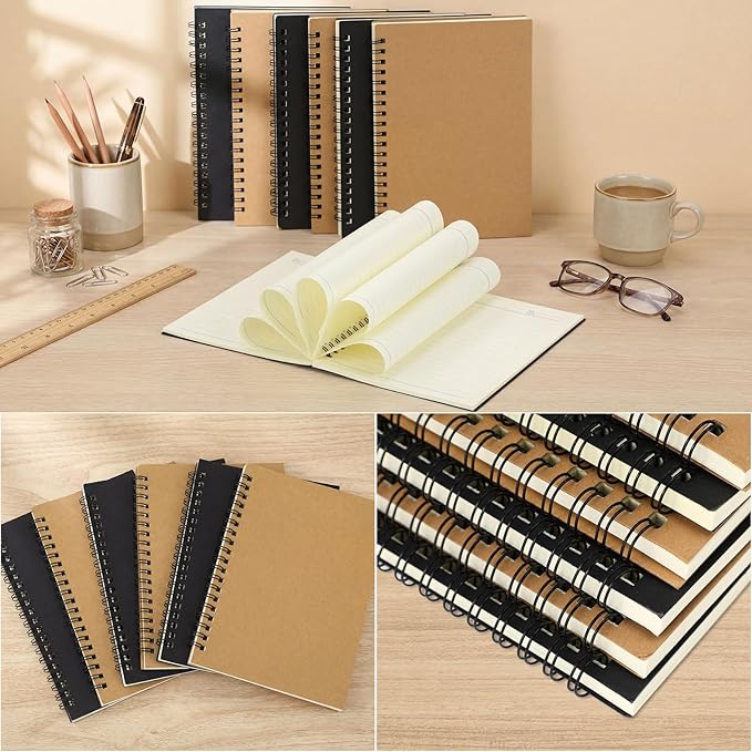 Leelosp 12 Pack Small Spiral Notebook 5 x 7 Inch Lined College Ruled Spiral Journal Wire Bound Notebook Kraft Cover, 120 Pages for Work Students Office Business(Brown, Black)