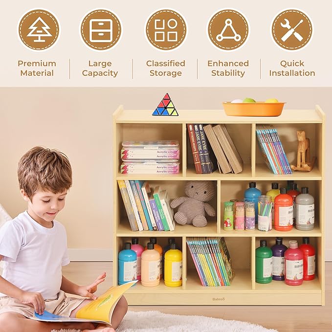 Bateso Toy Storage Organizer for Kids Room, Wooden Kids Bookshelf for Classroom, Cube Storage Organizer for Playroom, 8-Section Montessori Bookshelf & Toy Shelf for Nursery