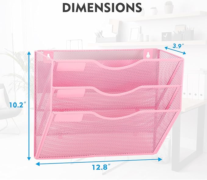 EASEPRES Magnetic 3 Pocket Mesh Hanging Wall File Organizer, Wall Mounted Mail Paper Document Folder Holder, Clipboard Storage Magazine Rack with Nametag Label for Office Home School, Pink
