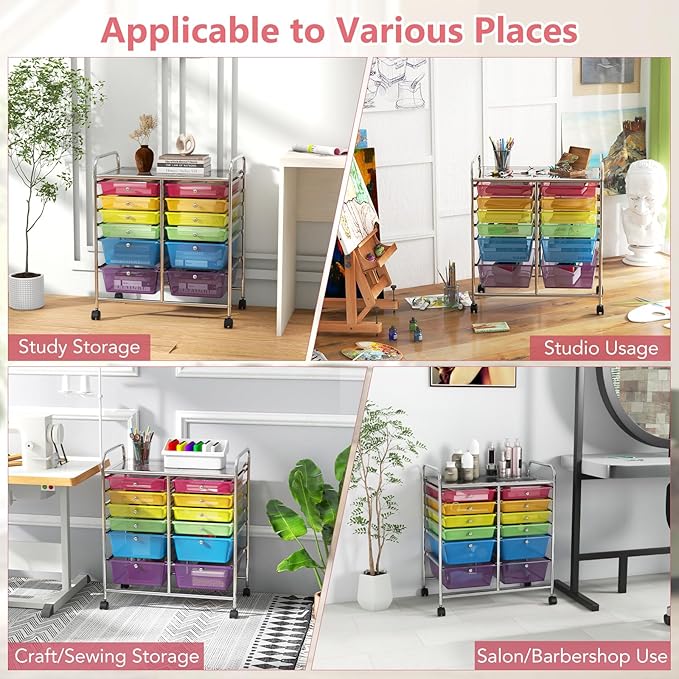 Happygrill 12-Drawer Rolling Storage Cart, Multipurpose Organizer Cart for Home Office School, Utility Cart with Wheels, (Colorful Clear)