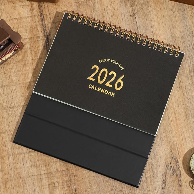 Small Desk Calendar 2026, Standing Flip Desktop Calendar from January 2026 to June 2027 - Metal Ring Twin-Wire Binding Monthly Desktop Calendar for Home Office School (Black)
