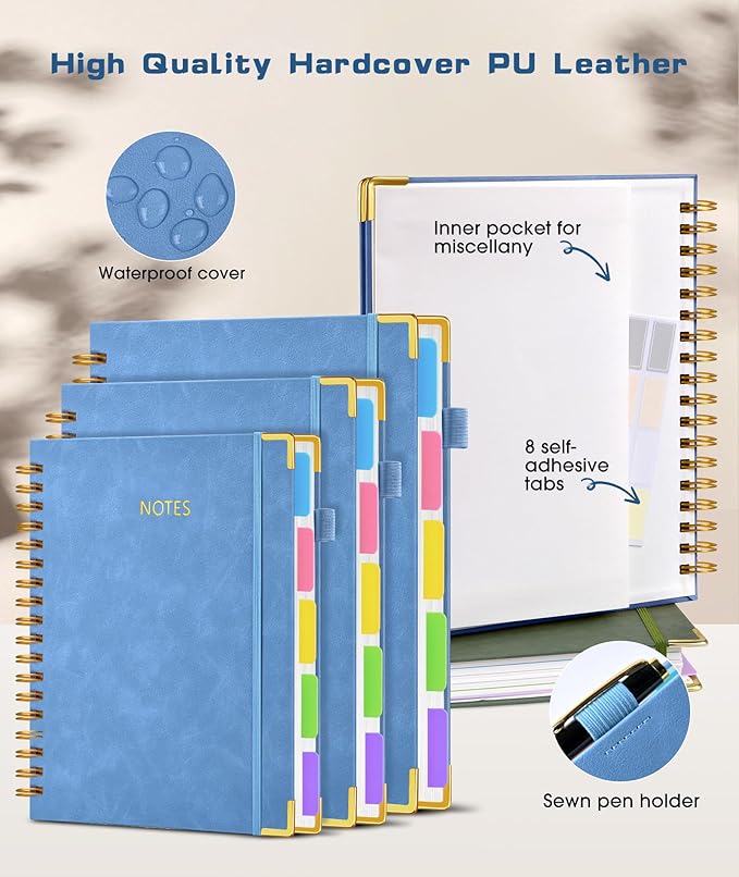 Hardcover Spiral Notebook journal with Removable Dividers Tabs, 300 Pages Leather 5 Subject Notebook College Ruled, 100GMS Notebooks for Work School Note taking,Lined Journal for Women,A5 Light Blue