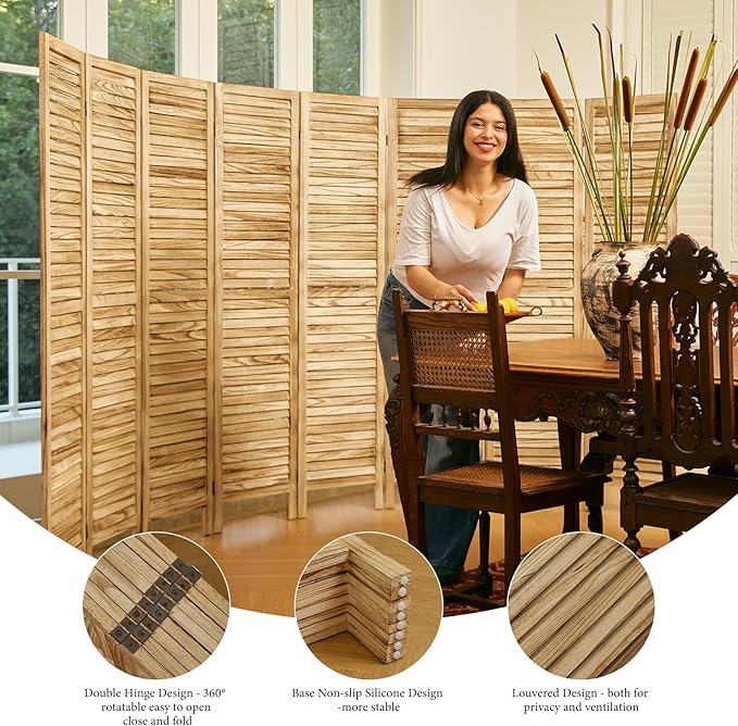 Room Dividers and Folding Privacy Screens, Wood Louvered Separators Divider Wall for Home Office Bedroom - 8 Panels (Natural)
