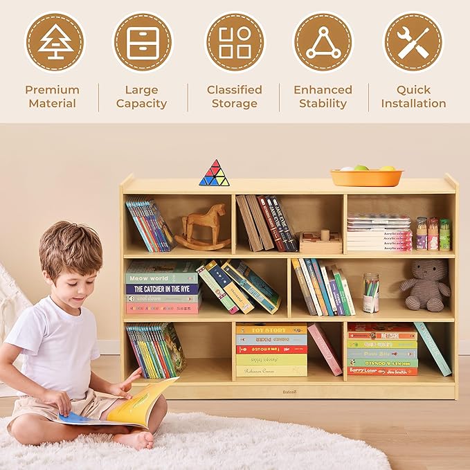Bateso Toy Storage Organizer for Kids Room, Wooden Kids Bookshelf for Classroom, Cube Storage Organizer for Playroom, 8-Section Montessori Bookshelf & Toy Shelf for Nursery