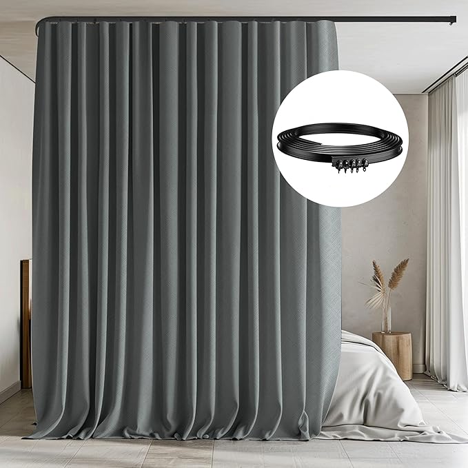 Room Divider Curtains with Flexible Ceiling Tracks Set,Blackout Curtain Ceiling Mount Curtain Track Privacy Room Dividers Ceiling Track Curtain Rod(Dark Grey Drape & Black rail W 15 × H 8 FT)