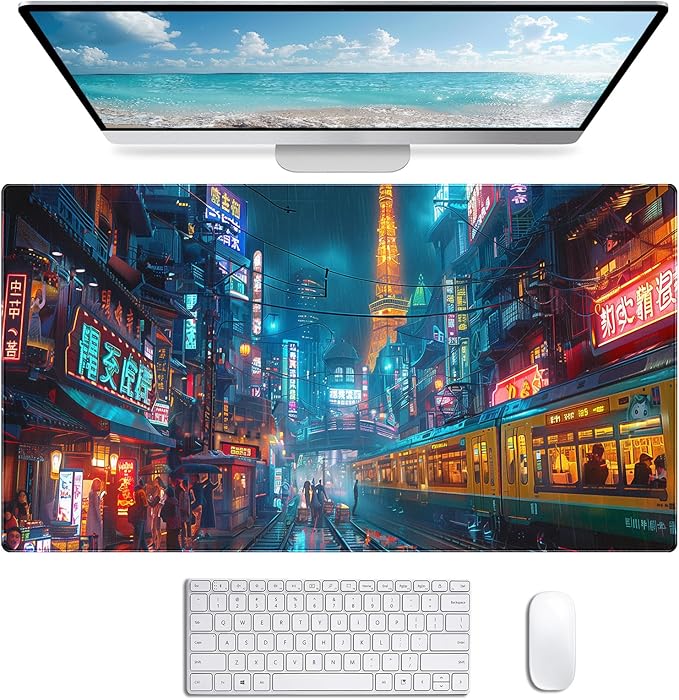 Japanese Anime Retro City Night Scene Mouse Pad, Non Slip Base and Stitched Edge Design, Suitable for Office and Home Desktops, Size 35.4 x 15.7 Inches