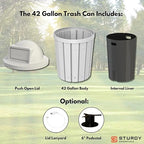 Sturdy Essentials Campus Collection 42 Gallon Slatted Round Heavy-Duty Plastic Commercial Outdoor Trash Can with Push Open Dome Lid and Internal Liner | Great for Schools and Businesses - White
