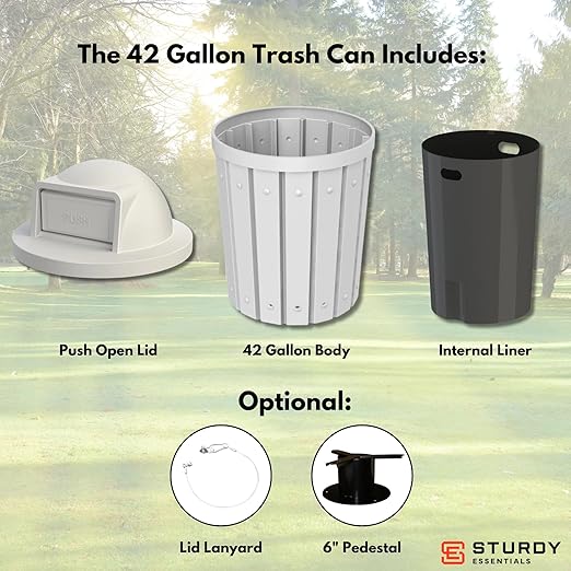 Sturdy Essentials Campus Collection 42 Gallon Slatted Round Heavy-Duty Plastic Commercial Outdoor Trash Can with Push Open Dome Lid and Internal Liner | Great for Schools and Businesses - White