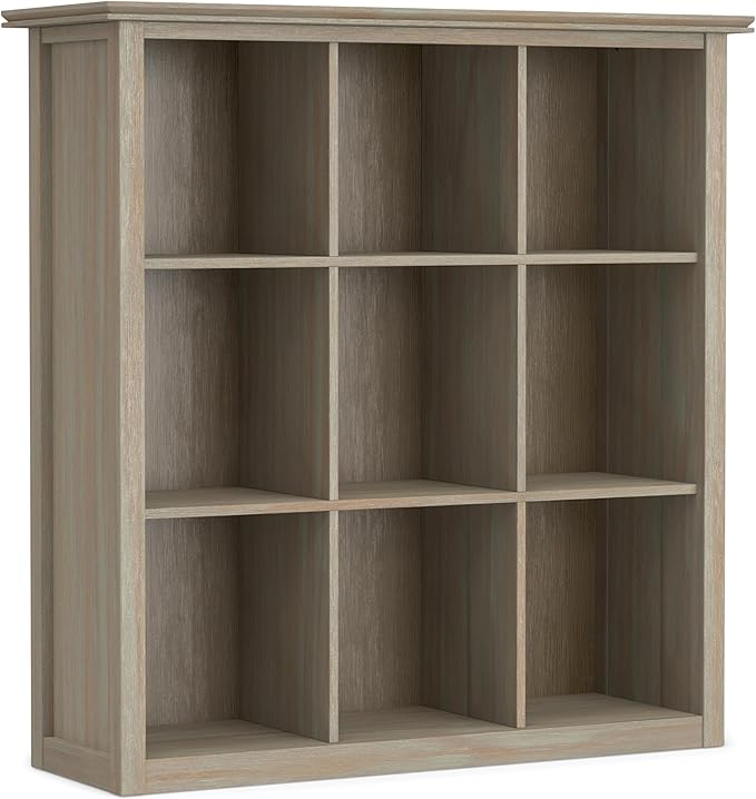 SIMPLIHOME Artisan Bookcase - 43 inch Tall 9-Cube Solid Wood Cube Organizer in Distressed Grey, Transitional Storage Bookcase for Living Room, Study Room or Office with Fixed Shelves and Tapered Legs