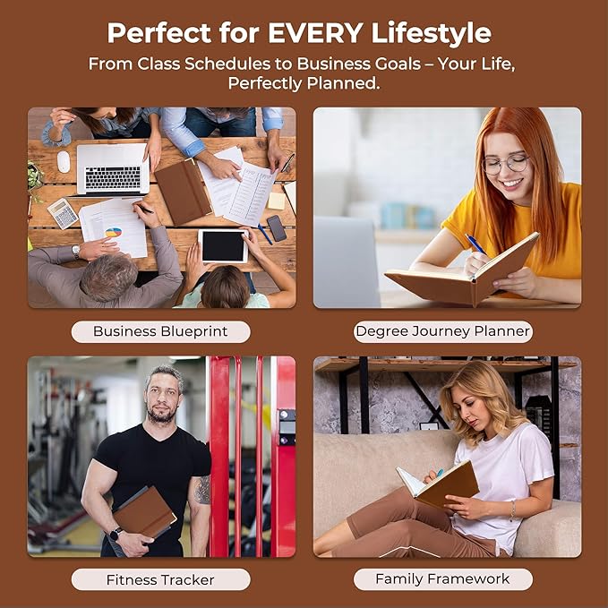 IN-luxpro Daily Planner 2026 with One Page Per Day,(A5-8.5" x 5.9"),12 Months Calendar Hourly Appointment Book Monthly Tabs & Self-adhesive Pen Holder,Inner Pocket, Vegan Leather Hardback,Brown