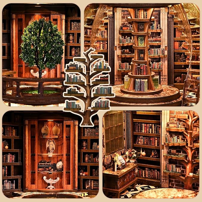 Book Nook Kit, Miniature House Kit, Miniature Kit, DIY Crafts for Adults, Book Repository,Wooden Miniature Library Bookend with LED Light, 3D Decorative Shelf Insert, Gift for Book Lovers (1PCS)