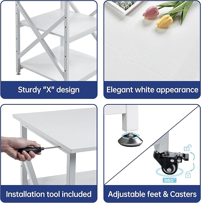 Fannova Large Printer Stand with Height Adjustable Storage Shelf, 23.6 x 23.6 Inches Square Printer Table with Industrial Wheels, Multi-use 3 Tier Rolling Printer Cart for Home Office - White