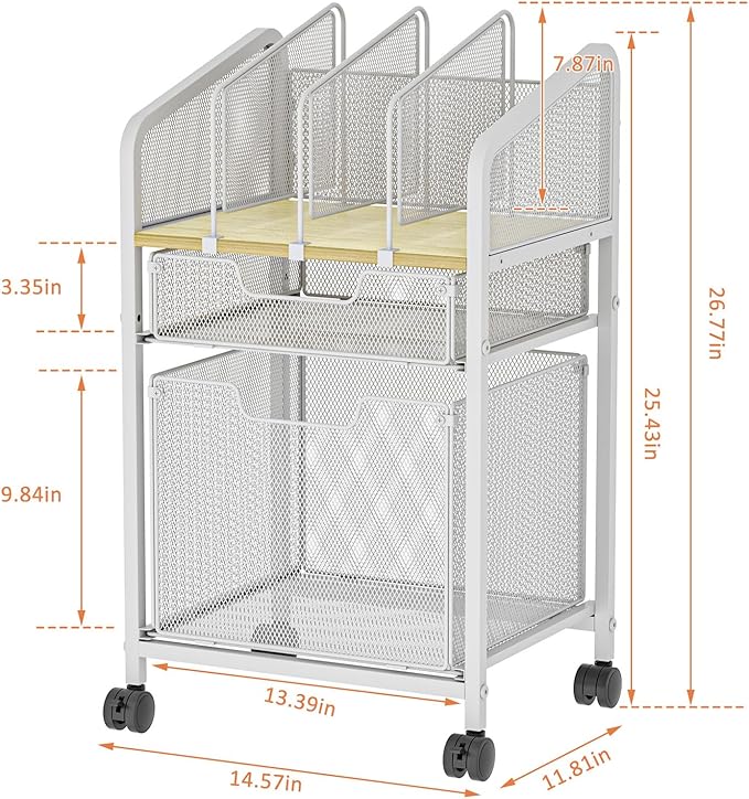 Rolling File Cabinet with Adjustable Dividers, Mobile Filing Cabinet with 2 Storage Drawers on Lockable Wheels, Hanging File Organizer Beside Under Desk for Office, Home, White（Patent Pending）
