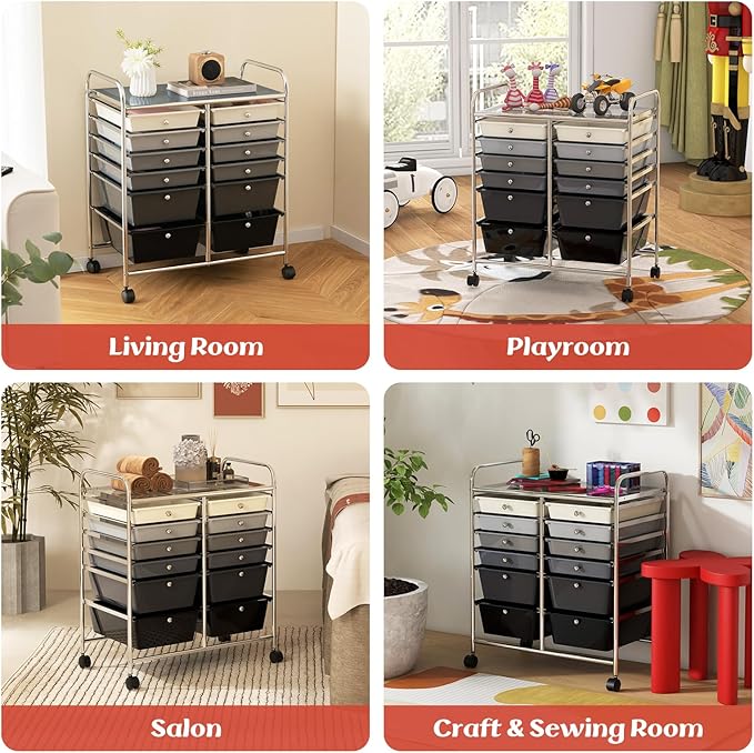 LDAILY 12 Drawer Rolling Storage Cart, Craft Cart Organizer on Wheels w/Metal Frame, Large Capacity & Smooth Drawer, Rolling Cart w/Drawers for Classroom, Office