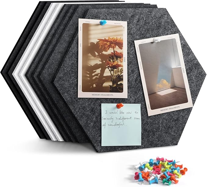 Uoisaiko 12" Large Bulletin Board with 30 Push Pins, Pack of 8 Hexagon Felt Pin Board Notice Boards for Home Office Kitchen, Felt Wall Tiles for Photos Memos