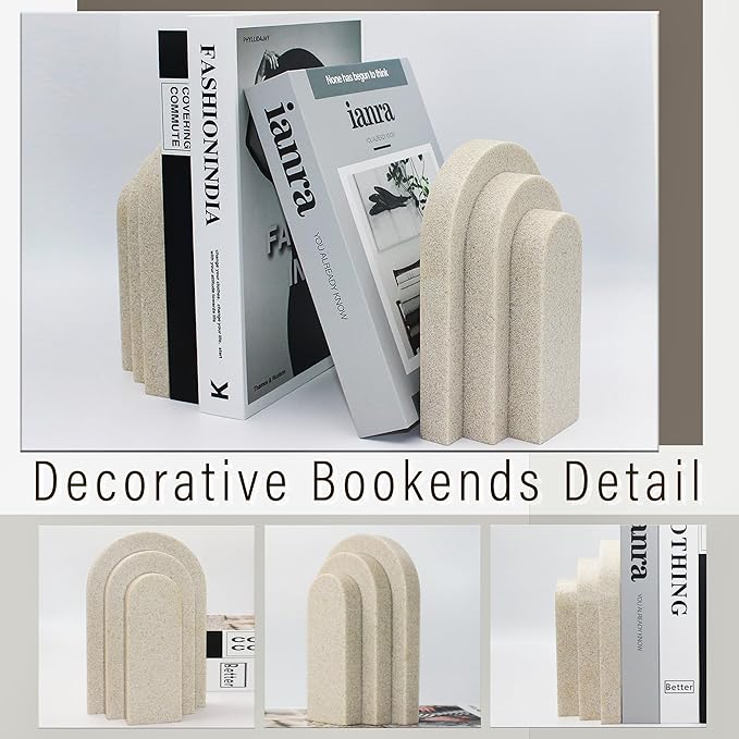 LIN CHUAN Heavy Duty Bookends for Shelves, 6.6 LBS Heavy Book Ends for Heavy Books, Decorative Modern Bookends with Faux Sandstone Look, Layered Arch Book Stopper for Bookshelf Holder Set of 2, Beige