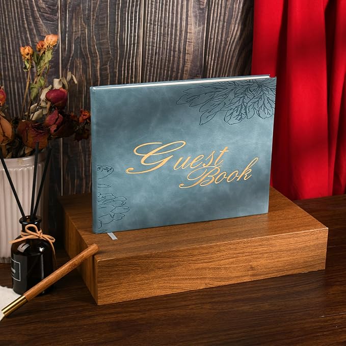 Blue Leather Wedding Guest Book,Polaroid Guest Book for Vacation Home,Wedding Reception,Funeral,Party,Memorial Service,10.3x8'' Embossed Gold Guestbook,House Visitor Guest Sign in Book with Pen