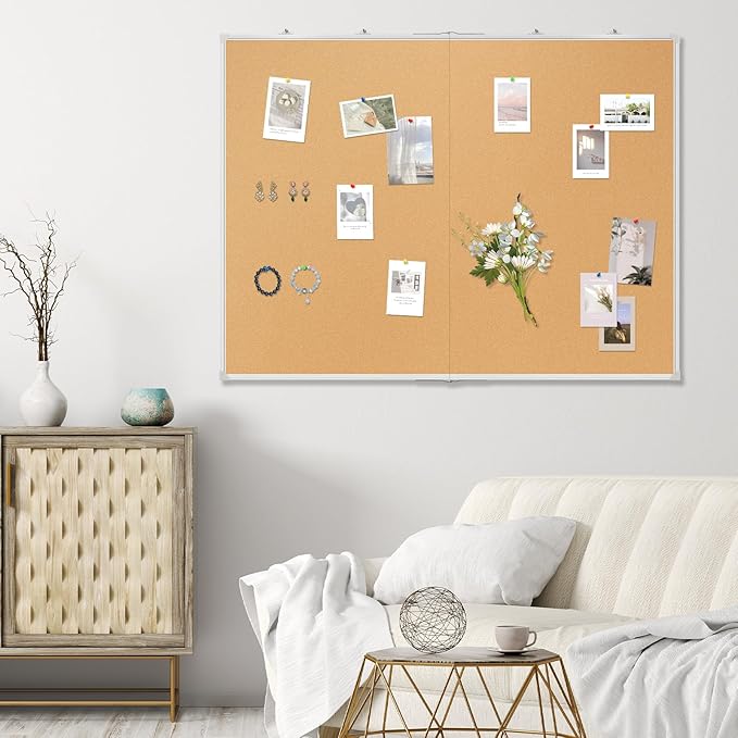 AMUSIGHT Double-Sided Large Cork Board, 60" x 40" Foldable Hanging Aluminum Framed Bulletin Board, Vision Board Pin Board Corkboards for Walls, Office, School Decor, 20 Pushpins