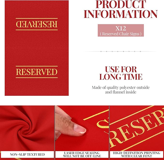 Buryeah 12 Pcs Reserved Seating Signs for Chairs Church Pew Reserved Chair Signs Placeholder with Printed Words for Weddings Parties Celebrations Receptions Church or Event (Red)
