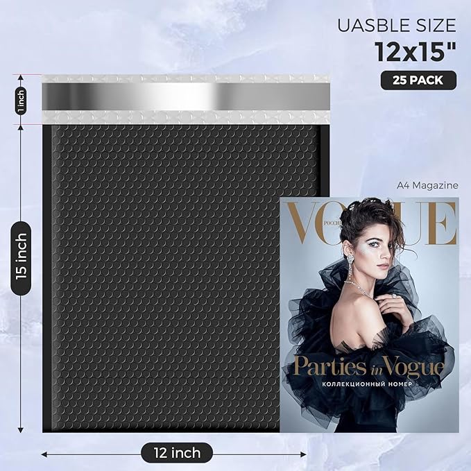 Metronic Large Bubble Mailers 12x15 Inch Black 25 Pack Waterproof Padded Envelopes Opaque Bubble Mailer Cushioning Bubble Envelopes for Shipping Clothes, Books,Jewelry Makeup Supplies