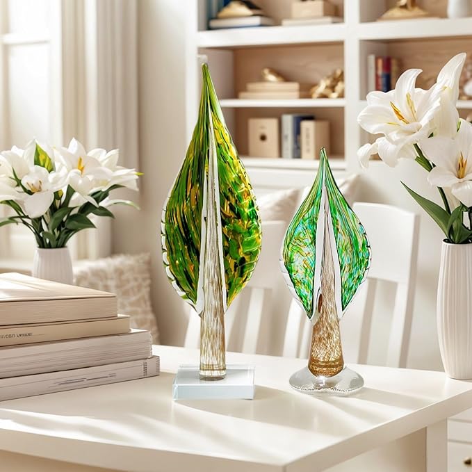 QFkris Blown Glass Tree of Life Leaf Sculpture for Home Decor, 12inch Hand Blown Glass Art Decorative Statue for Book Shelf Living Room Office Desk Home Decoration Accents Collectible Figurines