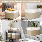 Bagnizer Large 17" 42 Quarts Collapsible Stackable Storage Bins with Lids [3-Pack] Foldable Fabric Linen Storage Boxes Cube, Closet Organizer Baskets with Label (16.7 x 12 x 12, Beige & White)