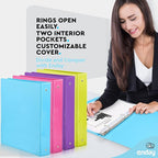 3 Ring Binder 1.5 Inch, 1 ½ inch Binder Clear View Cover with 2 Inside Pockets, Colored School Supplies Office and Home Binders Pink, Blue, Purple, Green (4 Pack) – by Enday