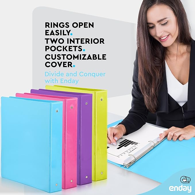 3 Ring Binder 1.5 Inch, 1 ½ inch Binder Clear View Cover with 2 Inside Pockets, Colored School Supplies Office and Home Binders Pink, Blue, Purple, Green (4 Pack) – by Enday