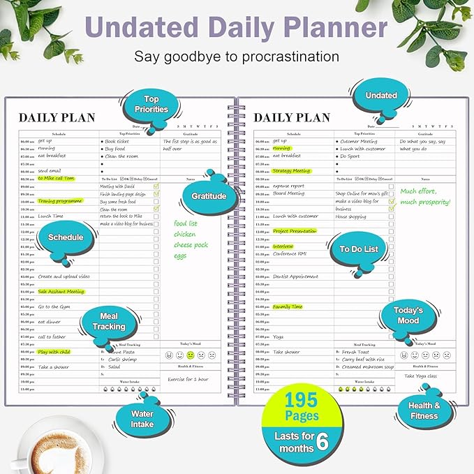 Planner Undated, Asten Daily Planner Agenda with To Do List, Hourly Planners for Women and Men, Spiral Appointment Book Planners Notebook with Elastic Closure, Day Planner for ADHD 8.5" x 11" (Purple)