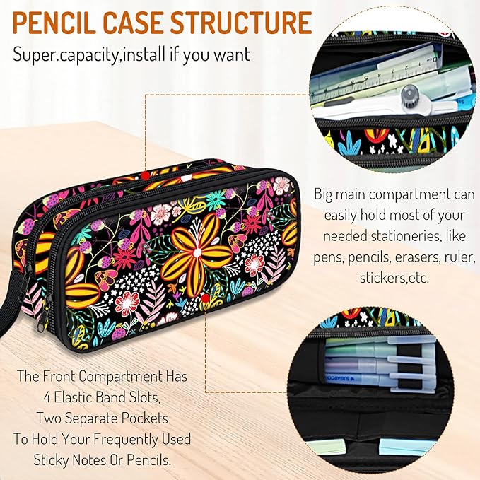 Cute Pencil Case for Girls, Large Girls Pencil Pouch for School Supplies, Portable Floral Pen Bag, Aesthetic Pen Box with Zipper, 2 Compartments Stationary Organizer for Kids Teens Students Adults