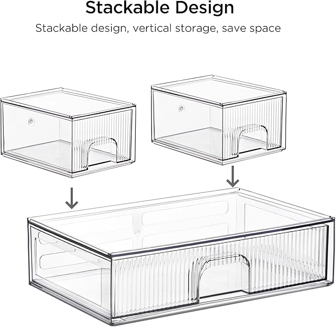 Vorey Clear Stackable Desk Storage Drawers, 3 Pack Acrylic Bathroom Makeup Organizers, Easily Assemble All Purpose Plastic Bins for Brightroom, Pantry Organization, Vanity, Undersink, Cabinet