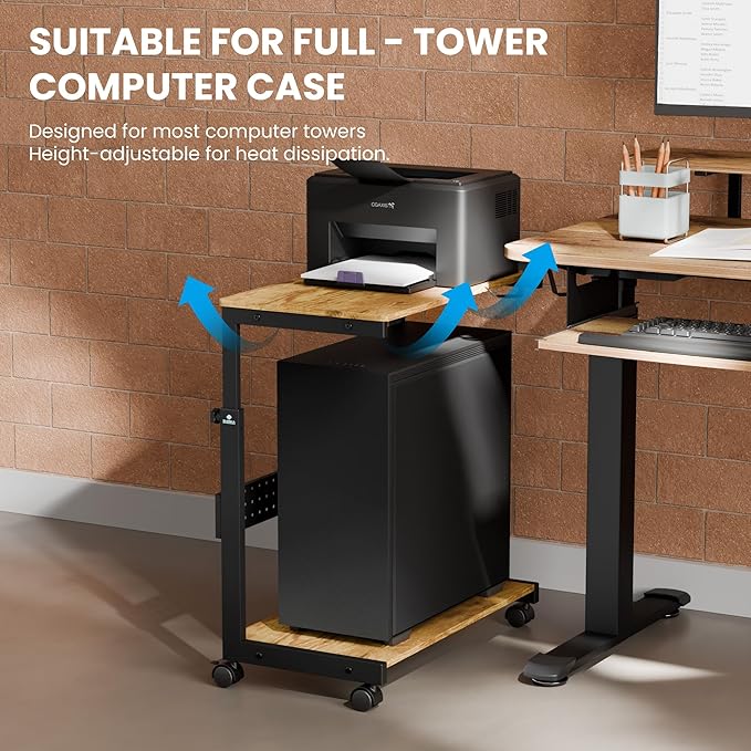 EUREKA ERGONOMIC PC Stand Computer Cart, Height Adjustable Tower Stand 2-Tier Suit for ATX Case Printer, Metal Rolling Cart on Wheels for Gaming Home Office, Antique Wood