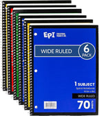 EPI Spiral Notebook | Wide - 70 Sheets, Durable Spiral Binding | 10.5 x 8 in | Classroom Supplies | School, Office, Note Taking, Journaling - 6 Pack
