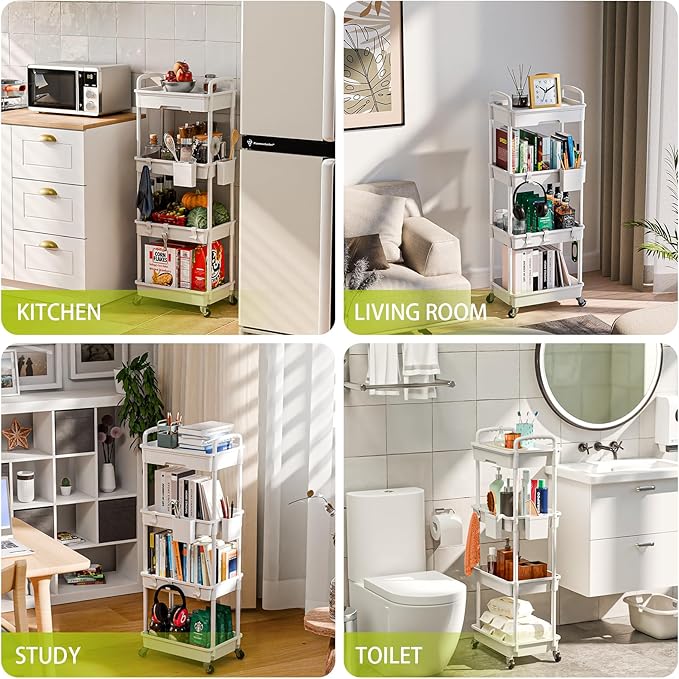 Sorgion 4 Tier Rolling Cart Organizer,Art Craft Diaper Bedside Snack Laundry Room Bathroom Organizer Narrow Thin Slim Rolling Trolley Utility Cart with Wheels for Kitchen,Office(White)