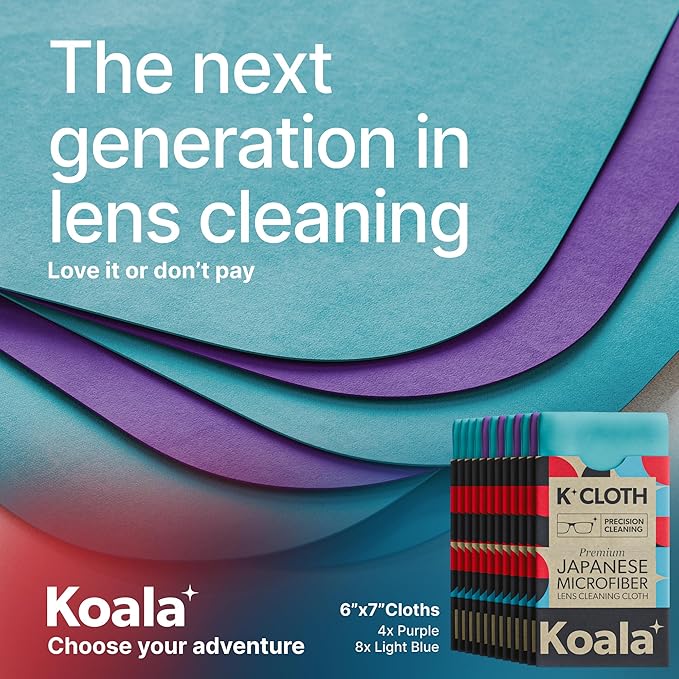 Koala Lens Cleaning Cloth | Japanese Microfiber | Glasses Cleaning Cloths | Eyeglass Lens Cleaner | Eyeglasses, Camera, VR/AR Headset, and Screen Cleaner | Blue & Purple (Pack of 12)