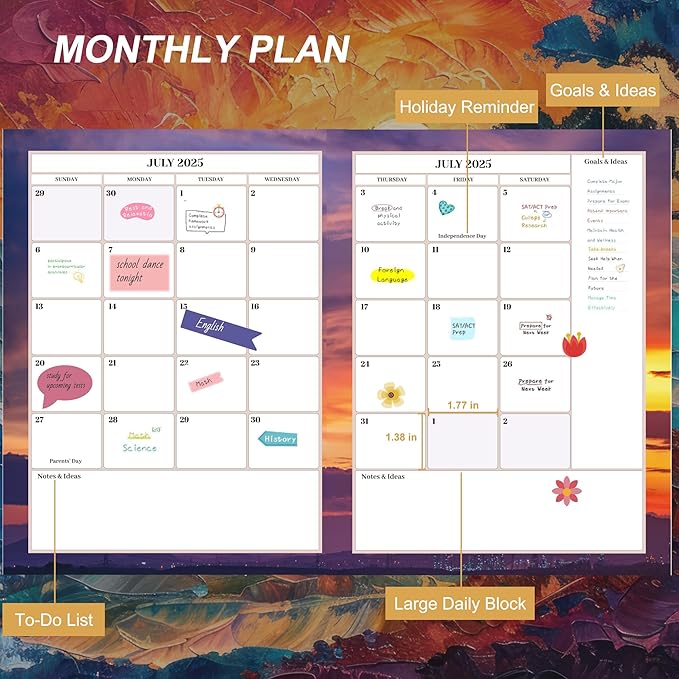 CAGIE Planner 2025-2026 Monthly: 12 Months July 2025 - June 2026 Calendar Daily Weekly Yearly Agenda 8.5" x 11" Large Academic Spiral Planners for Women with Tabs Stickers, Sunset