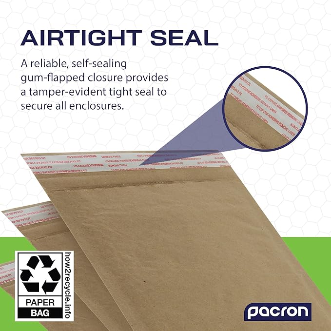 PACRON Biodegradable & Compostable Honeycomb Padded Mailers (8.5”x12"–100pk) Recyclable Hex Coat Paper Shipping Envelopes with Tamper-Resistant Self-Seal, Durable Brown Mailing Envelopes - Made in USA