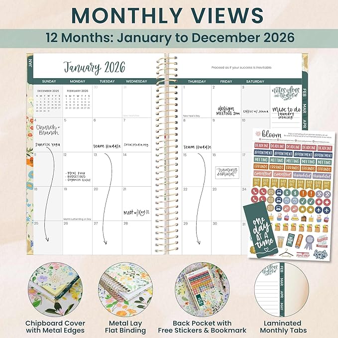 bloom daily planners HARDCOVER 2026 Planner (January to December) - A5 Task Goal Organizer - Monthly & Weekly Inspirational Agenda Book - 5.5" x 8.25" - Garden Party, Beige