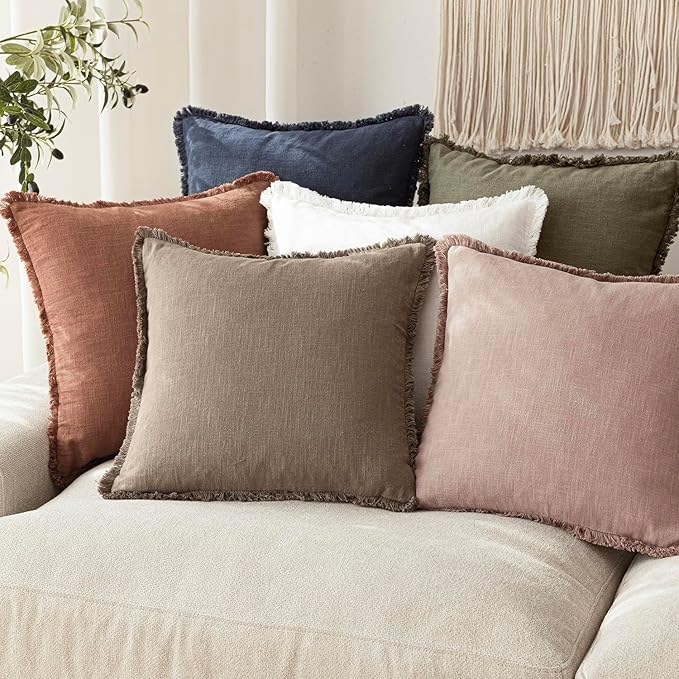 Foindtower Set of 2 Decorative Linen Fringe Throw Pillow Covers Boho Farmhouse Cushion Cover with Tassels Soft Accent Pillowcase for Couch Sofa Bed Living Room Home Decor,22×22 Inch,Dusty Pink