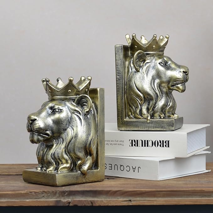 Kakizzy Vintage Gold Lion Book Ends,Animal Decorative Bookends,Resin Book Holder,Luxurious Book Ends for Shelves Rooms Office Home Decor,Unique Book Lover Gift(Gold Lion)