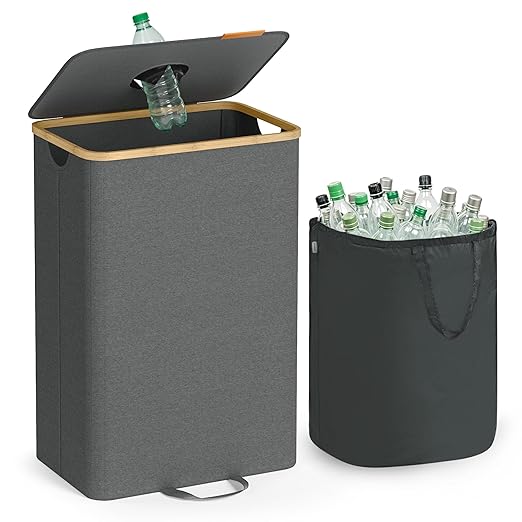 SONGMICS Recycling Bin for Kitchen 26.4 Gallon. Bottle Recycling Container, Collection Bin, for Metal, Plastic, Paper, Glass, Inner Bag with Handles, Kitchen, Slate Gray and Natural Beige URRB509G01