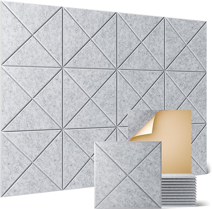 Sonicism 12 Pack X-Lined Acoustic Panels with Self-Adhesive, 12"X 12"X 0.4" Sound Proof Foam Panels, Decorative Soundproof Wall Panels, Sound Absorbing Tile for Home & Offices, Silver Gray