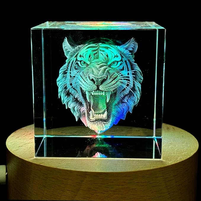 SHTWX 3D Angry Tiger Glass Paperweight(Laser Etched) in Crystal Cube Birthday (No Included LED Base)(2.3x2.3x2.3 Inch)